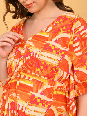 Hues & Honey Maternity and Nursing Kaftan Nighty close-up of V-neckline with front button placket for easy nursing access.