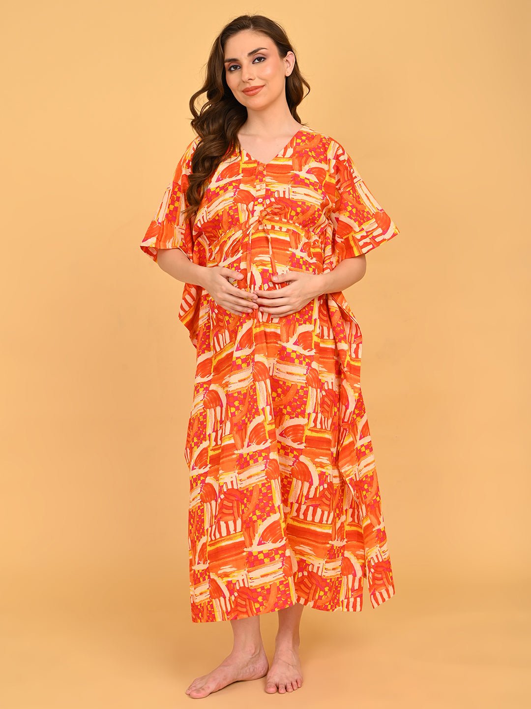 Hues & Honey Maternity and Nursing Kaftan Nighty full-length front view showcasing vibrant abstract print and relaxed kaftan silhouette.