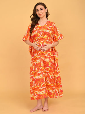 Hues & Honey Maternity and Nursing Kaftan Nighty full-length front view showcasing vibrant abstract print and relaxed kaftan silhouette.
