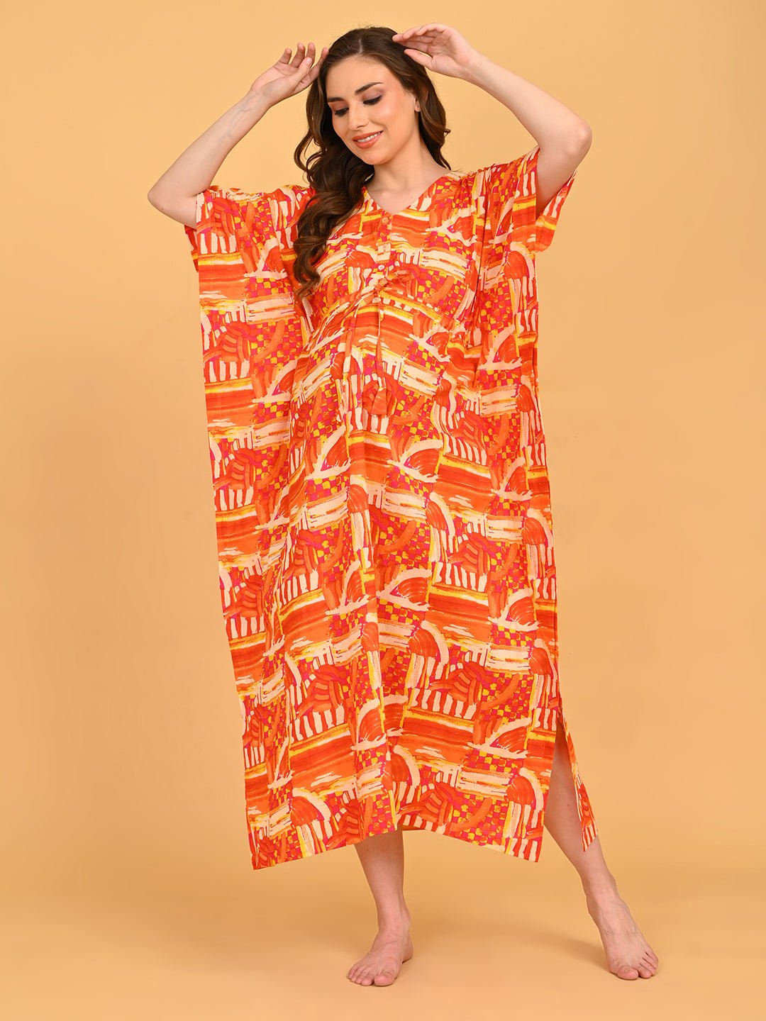 Hues & Honey Maternity and Nursing Kaftan Nighty full-length front view showcasing vibrant abstract print and relaxed kaftan silhouette.