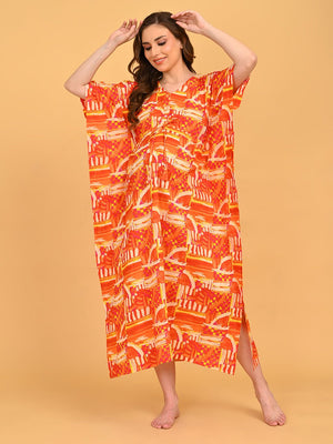 Hues & Honey Maternity and Nursing Kaftan Nighty full-length front view showcasing vibrant abstract print and relaxed kaftan silhouette.