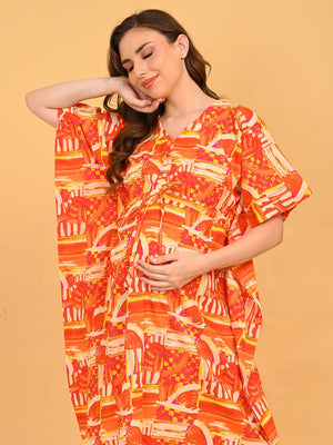 Hues & Honey Maternity and Nursing Kaftan Nighty full-length playful pose with side slit detail and comfortable drape.