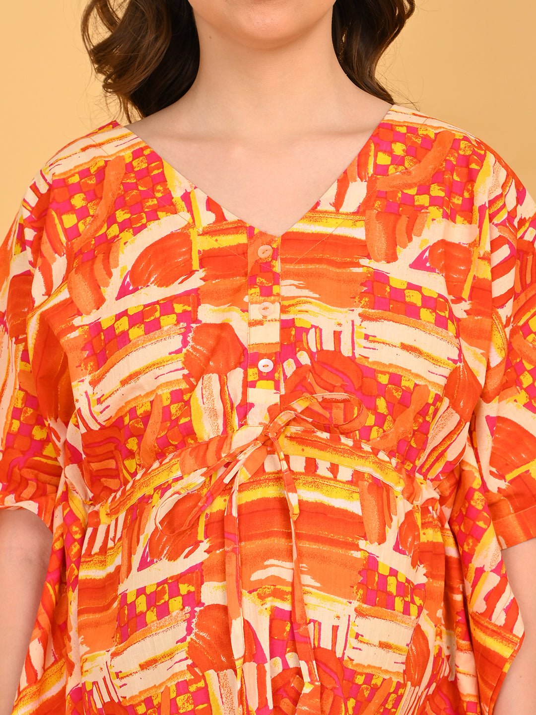 Hues & Honey Maternity and Nursing Kaftan Nighty close-up of neckline and bodice highlighting soft fabric and colorful brushstroke print.