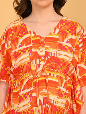 Hues & Honey Maternity and Nursing Kaftan Nighty close-up of neckline and bodice highlighting soft fabric and colorful brushstroke print.
