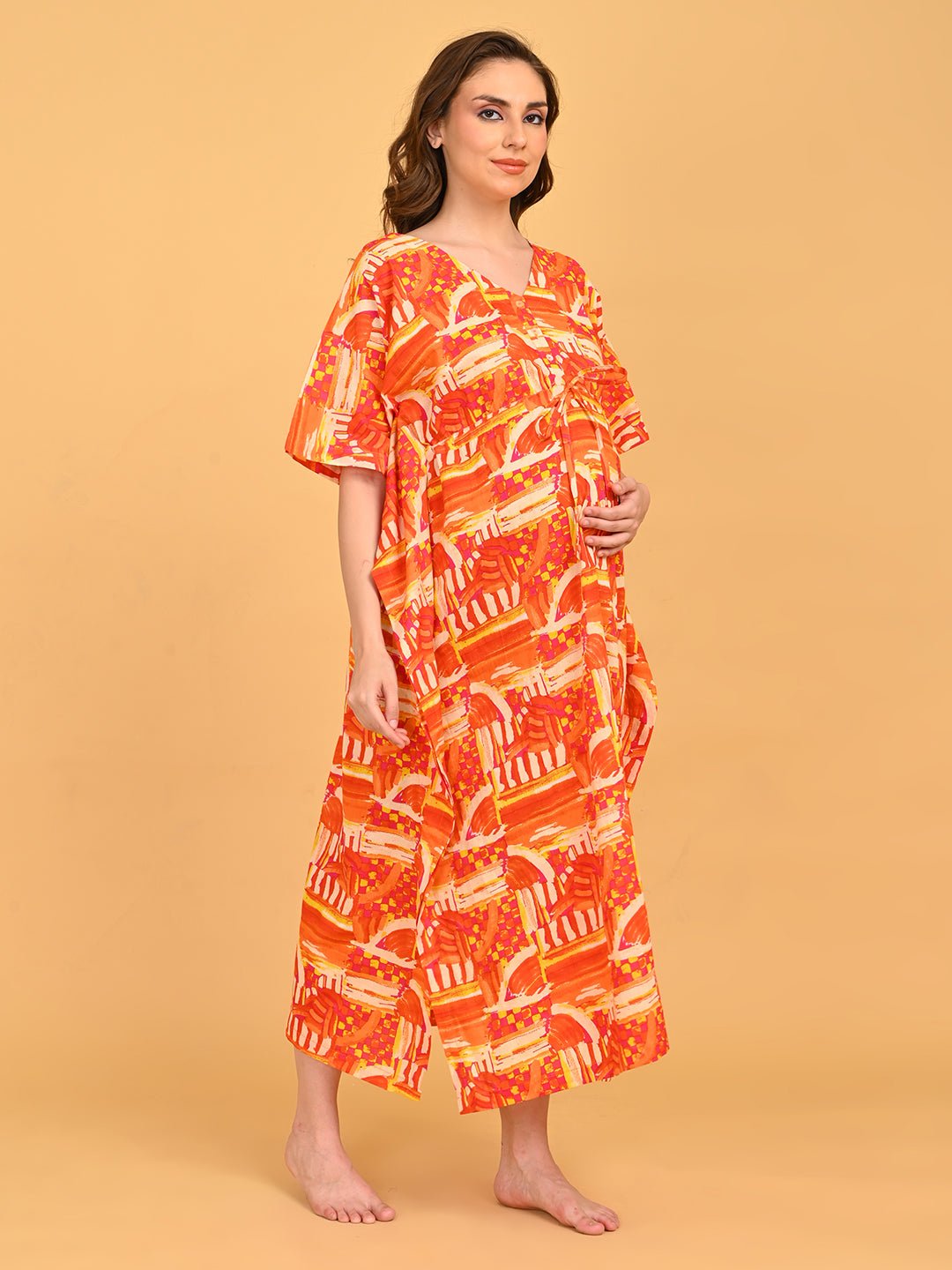 Hues & Honey Maternity and Nursing Kaftan Nighty angled side view emphasizing flowy fit, wide sleeves, and breathable fabric.