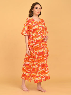 Hues & Honey Maternity and Nursing Kaftan Nighty angled side view emphasizing flowy fit, wide sleeves, and breathable fabric.