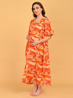 Hues & Honey Maternity and Nursing Kaftan Nighty three-quarter front pose with model gently holding baby bump, highlighting adjustable waist tie.