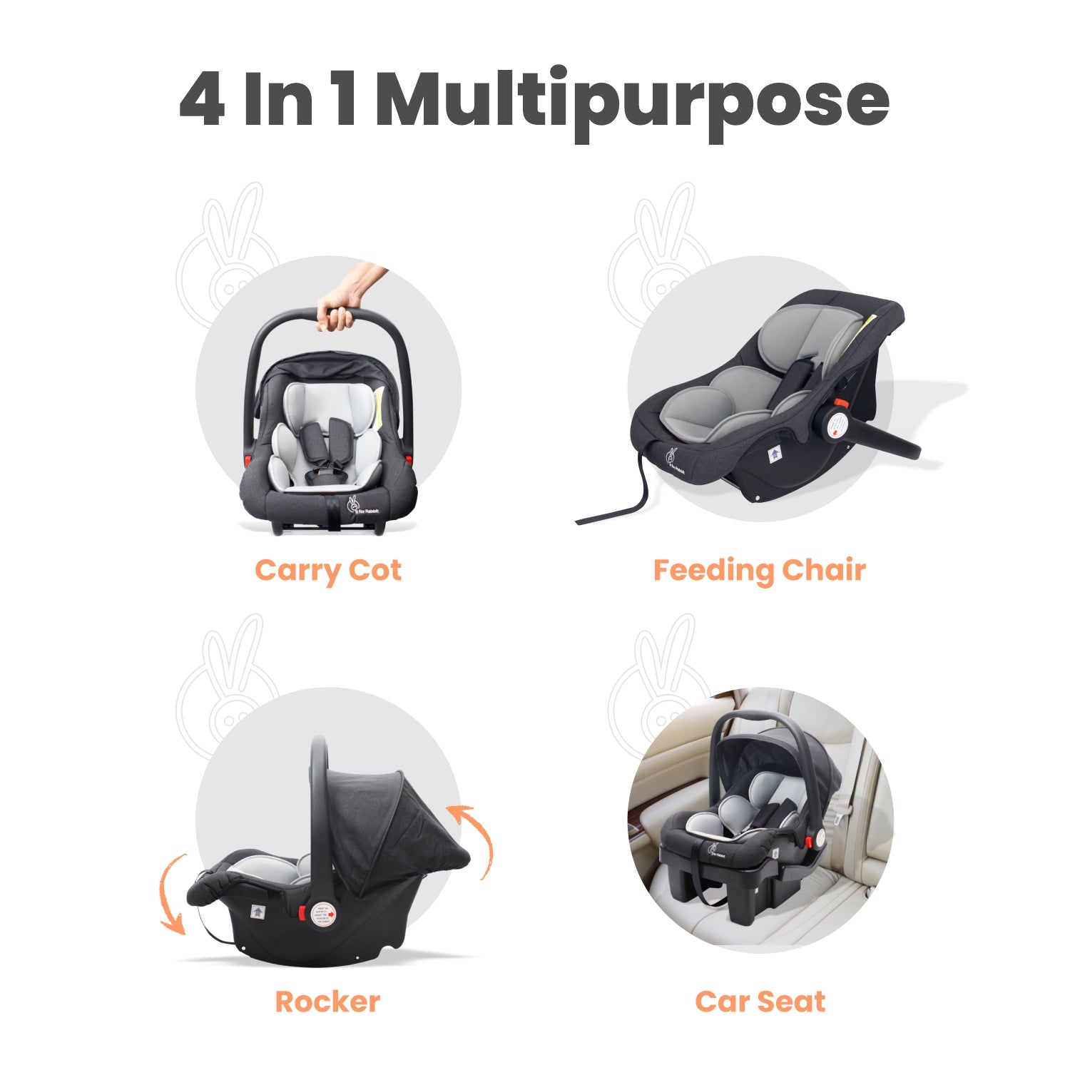 R for Rabbit Picaboo Grand 4 In 1 Multi Purpose Baby Car Seat- Black Grey