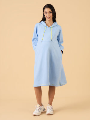 Icy Blue Maternity and Nursing Hoodie Dress - Blue Maternity Winter Dress