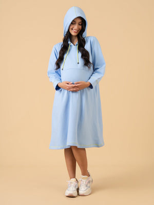 Icy Blue Maternity and Nursing Hoodie Dress - Blue Maternity Winter Dress