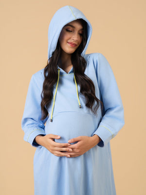 Icy Blue Maternity and Nursing Hoodie Dress - Blue Maternity Winter Dress