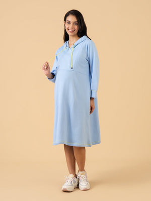 Icy Blue Maternity and Nursing Hoodie Dress - Blue Maternity Winter Dress