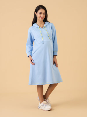 Icy Blue Maternity and Nursing Hoodie Dress - Blue Maternity Winter Dress