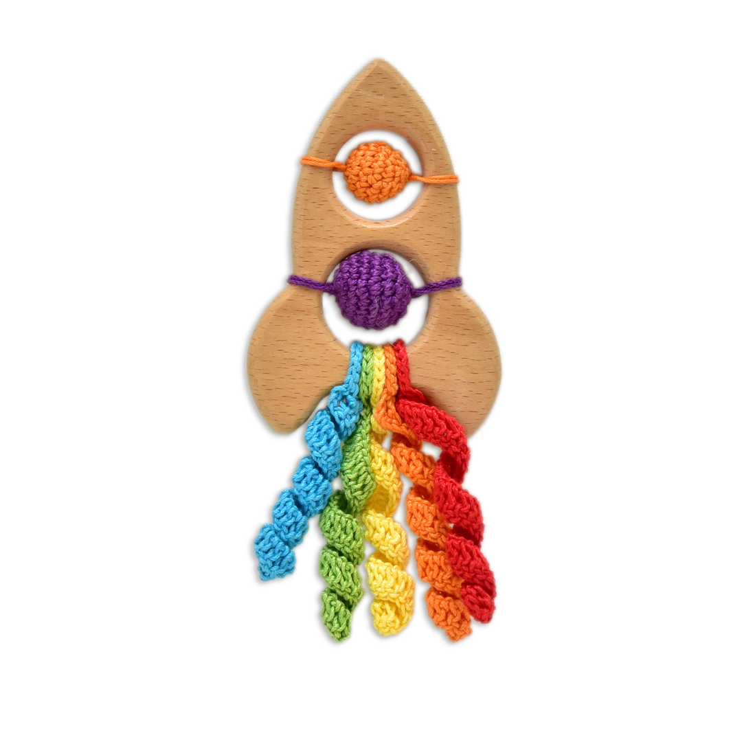 Happy Threads | Rocket Rattle & Teether - Fun Handmade Crochet Baby Toy