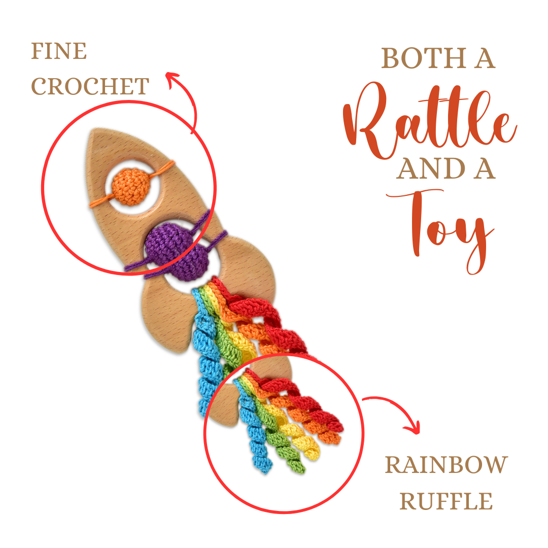 Happy Threads | Rocket Rattle & Teether - Fun Handmade Crochet Baby Toy