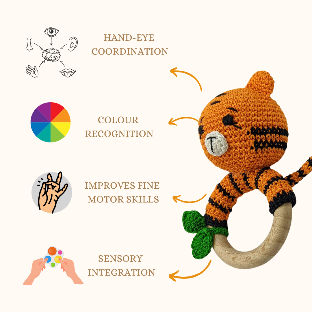 Happy threads| Joyful Tiger Rattle - Handmade Crochet Baby Companion