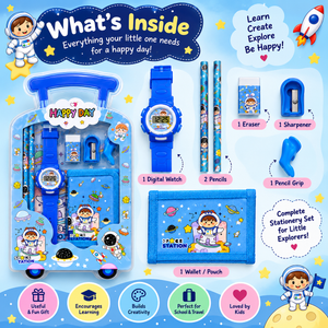iLearnNGrow Complete School Essentials Gift Set with Watch, Wallet & Rakhi- Blue - Art & Stationery