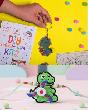 iLearnNGrow Dino Rakhi Combo DIY Dinosaur Painting Kit with Dino Keychain, Fridge Magnet, Canvas Painting & Dino Rakhi - Rakhi Gifts