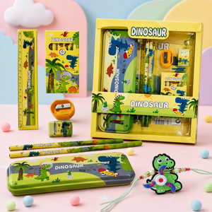 iLearnNGrow Dino Theme Stationery Rakhi Combo Dino Pencil Box Set with Dino Rakhi for Kids - Art & Stationery