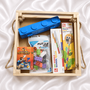 iLearnNGrow Lego Rakhi Hamper Creative Gift Basket with Lego Frame, Pencil, Cutlery Set, Sharpener & Rakhi - Rakhi Gifts