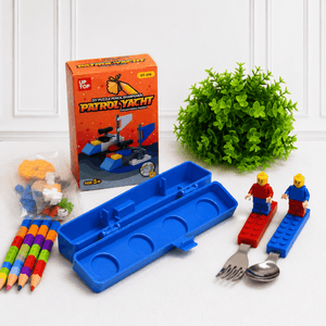 iLearnNGrow Lego Rakhi Hamper Creative Gift Basket with Lego Frame, Pencil, Cutlery Set, Sharpener & Rakhi - Rakhi Gifts