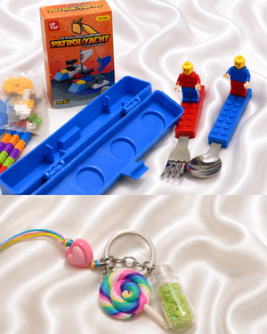 iLearnNGrow Lego Rakhi Hamper Creative Gift Basket with Lego Frame, Pencil, Cutlery Set, Sharpener & Rakhi - Rakhi Gifts