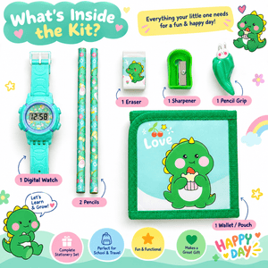 iLearnNGrow Luggage Packing Stationery Rakhi Combo Complete School Essentials Gift Set with Watch, Wallet & Rakhi- Green - Art & Stationery