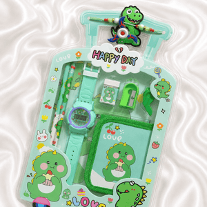iLearnNGrow Luggage Packing Stationery Rakhi Combo Complete School Essentials Gift Set with Watch, Wallet & Rakhi- Green - Art & Stationery