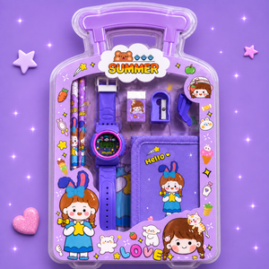 iLearnNGrow Luggage Packing Stationery Rakhi Combo Complete School Essentials Gift Set with Watch, Wallet & Rakhi- Purple - Art & Stationery