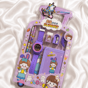 iLearnNGrow Luggage Packing Stationery Rakhi Combo Complete School Essentials Gift Set with Watch, Wallet & Rakhi- Purple - Art & Stationery