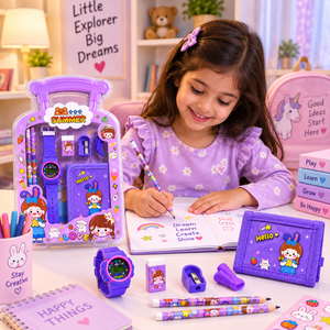 iLearnNGrow Luggage Packing Stationery Rakhi Combo Complete School Essentials Gift Set with Watch, Wallet & Rakhi- Purple - Art & Stationery