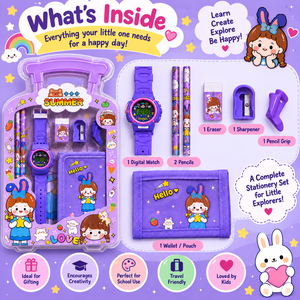 iLearnNGrow Luggage Packing Stationery Rakhi Combo Complete School Essentials Gift Set with Watch, Wallet & Rakhi- Purple - Art & Stationery