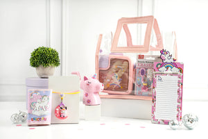 pink unicorn school bag gift hamper for girls with accessories and lunch box set for kids