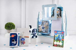 iLearnNGrow space gift hamper for kids with blue school bag, lunch box and stationery set