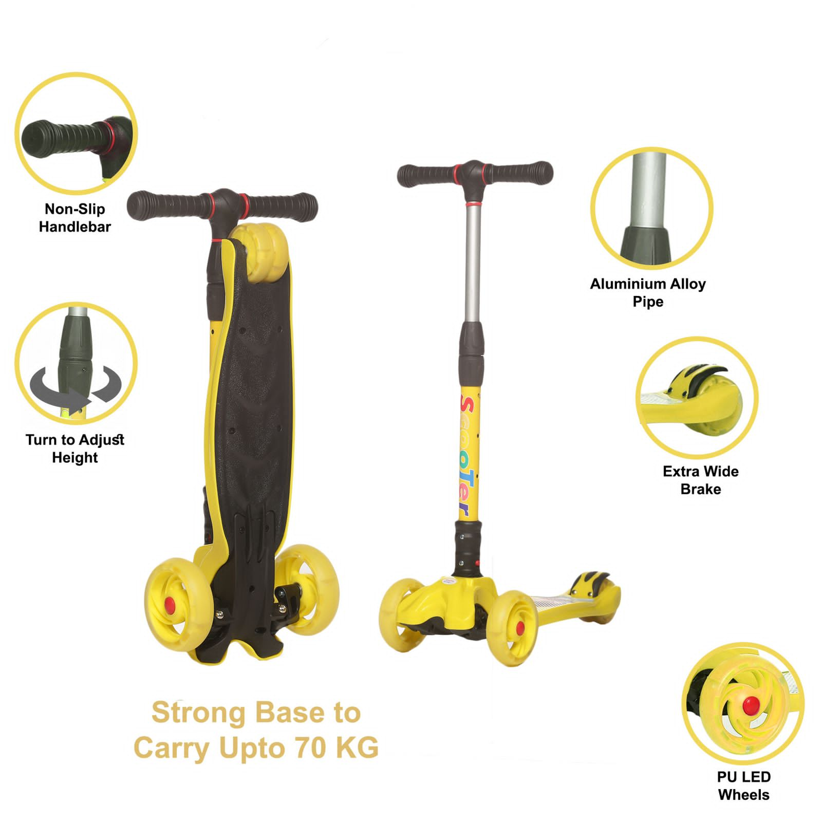 HAPPY BEAR - Kick Scooter with Adjustable Handlebar, LED PU Wheels with Brake