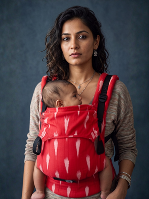Front view of a woman wearing the red and white Almitra Tattva Shendur Ikkat baby carrier with her infant secured safely inside.