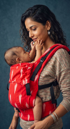 Side view of a mother looking affectionately at her baby in the red Shendur Ikkat carrier, highlighting the padded shoulder strap and black side webbing.