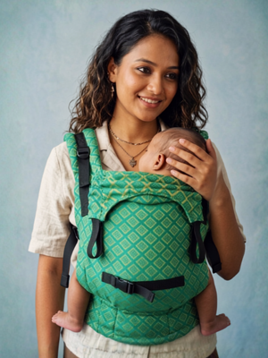 Front view of a smiling mother standing and wearing the green diamond-patterned Almitra Tattva Yaman Yoga carrier with her baby positioned inside.