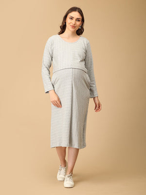 Elegant maternity and nursing dress with shrug in soft grey pattern, designed for pregnant and breastfeeding moms. Made from breathable fabric with hidden zipper for easy nursing access, side pockets, and detachable shrug. Perfect for maternity wear India, feeding dresses online, and everyday comfort with effortless style.