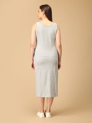 Elegant maternity and nursing dress with shrug in soft grey pattern, designed for pregnant and breastfeeding moms. Made from breathable fabric with hidden zipper for easy nursing access, side pockets, and detachable shrug. Perfect for maternity wear India, feeding dresses online, and everyday comfort with effortless style.