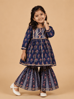 Indigo Bagicha Girls Anarkali Kurta Sharara Set - 0-6 Months Girls Ethnic Set