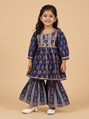Indigo Bagicha Girls Anarkali Kurta Sharara Set - 0-6 Months Girls Ethnic Set