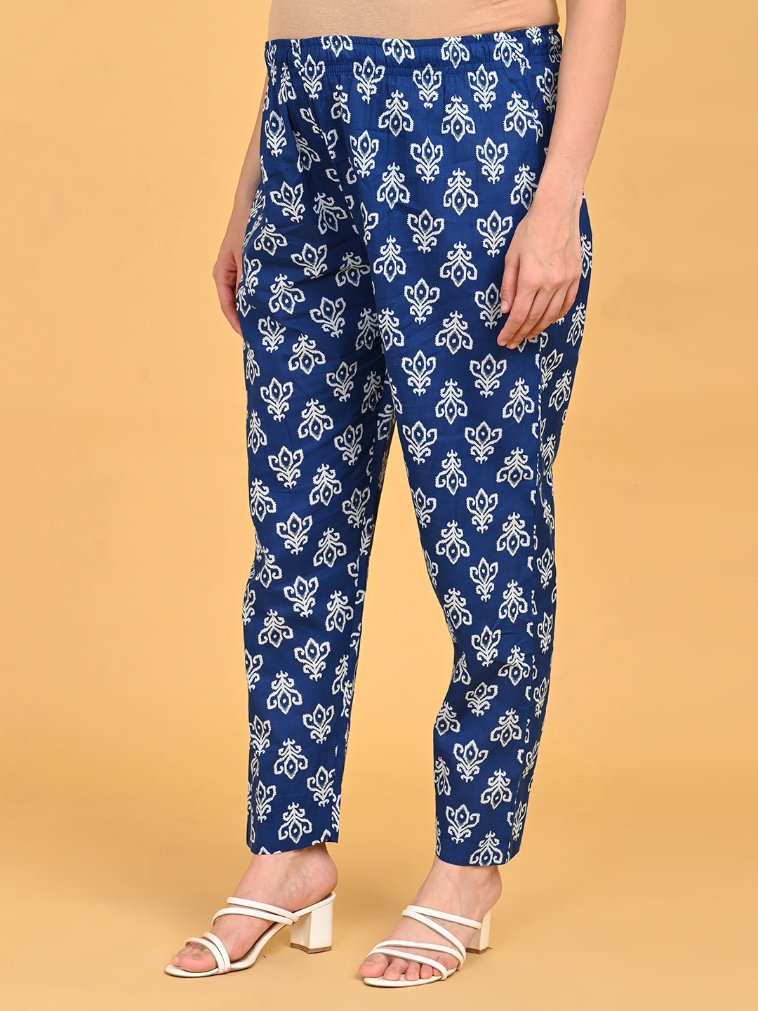 Side view of straight-fit printed pants from Indigo Mode Maternity and Nursing Kurta Set With Dupatta.