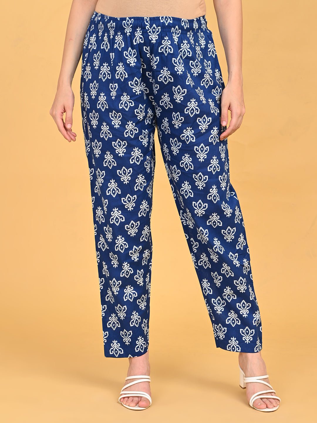 Front view of straight-fit printed pants from Indigo Mode Maternity and Nursing Kurta Set With Dupatta.