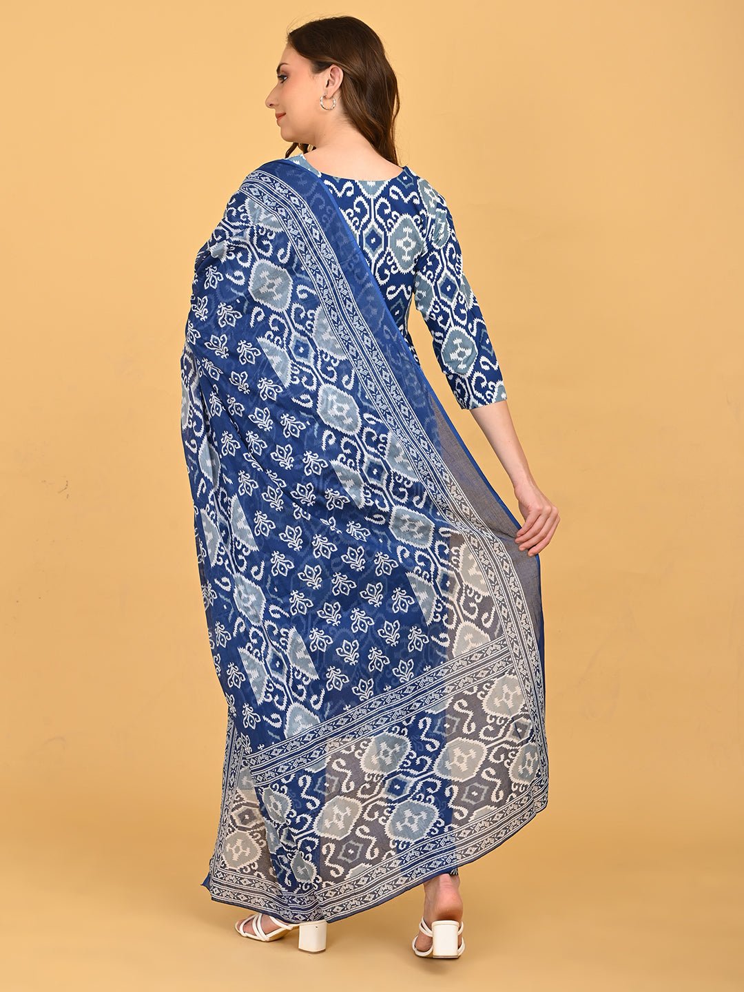 Back view of Indigo Mode Maternity and Nursing Kurta Set With Dupatta showcasing full-length printed dupatta and coordinated design.