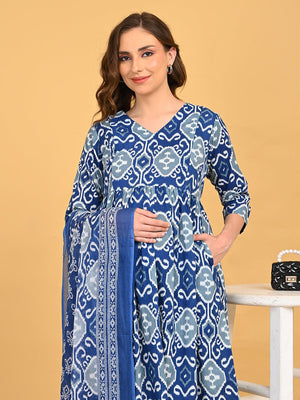 Model posing in Indigo Mode Maternity and Nursing Kurta Set With Dupatta highlighting coordinated blue print and maternity comfort.