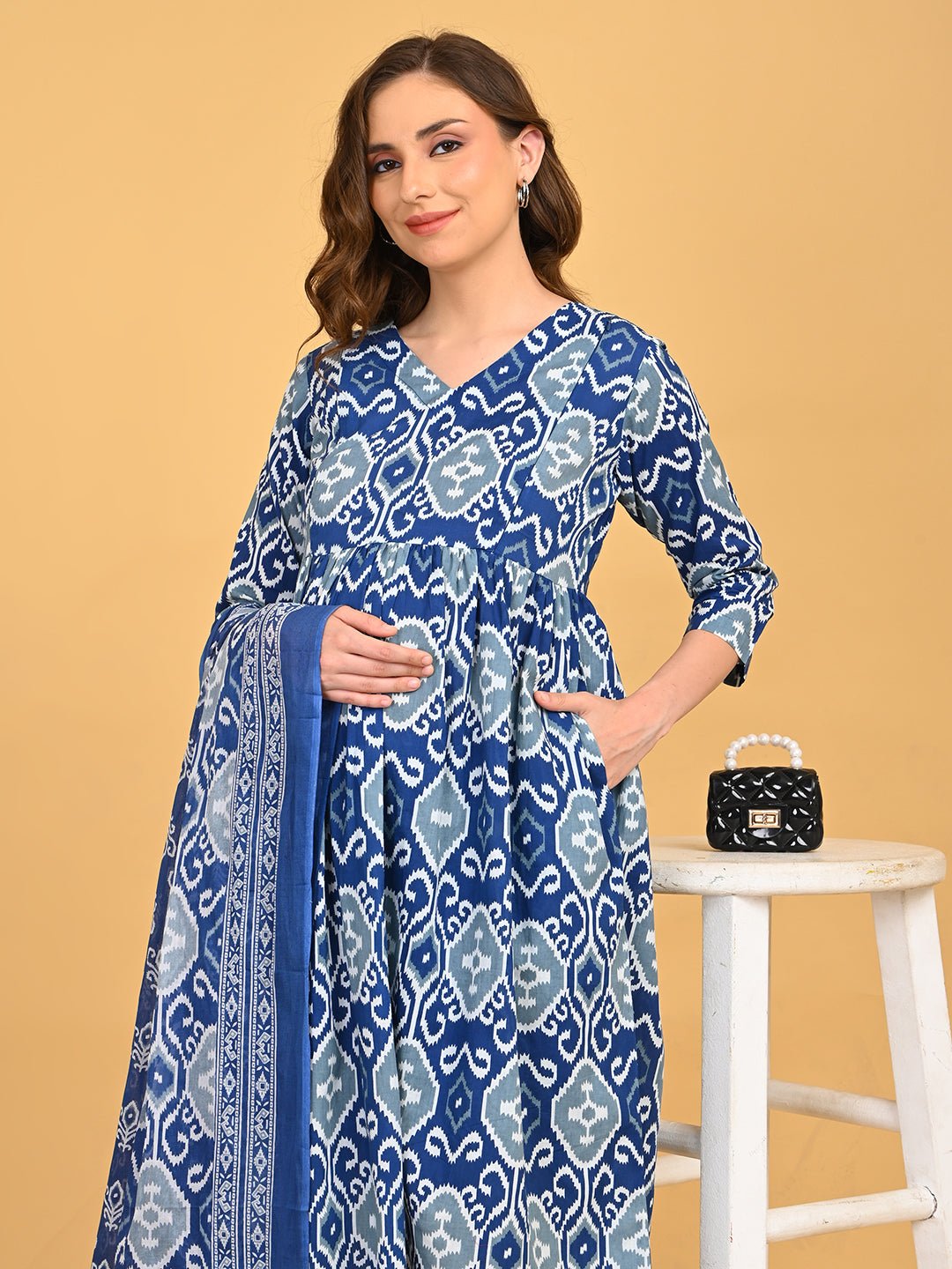 Model posing in Indigo Mode Maternity and Nursing Kurta Set With Dupatta highlighting coordinated blue print and maternity comfort.