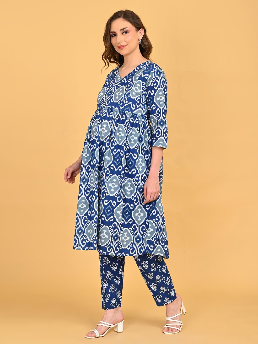 Side angle of Indigo Mode Maternity and Nursing Kurta Set highlighting bump-friendly silhouette and flowing dupatta.