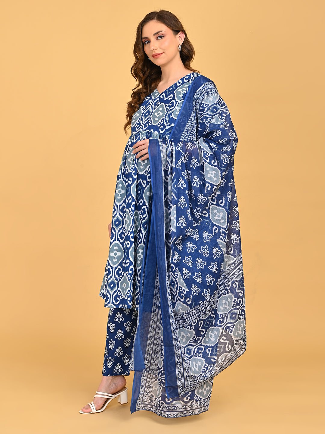 Side angle of Indigo Mode Maternity and Nursing Kurta Set With Dupatta highlighting bump-friendly silhouette and flowing dupatta.