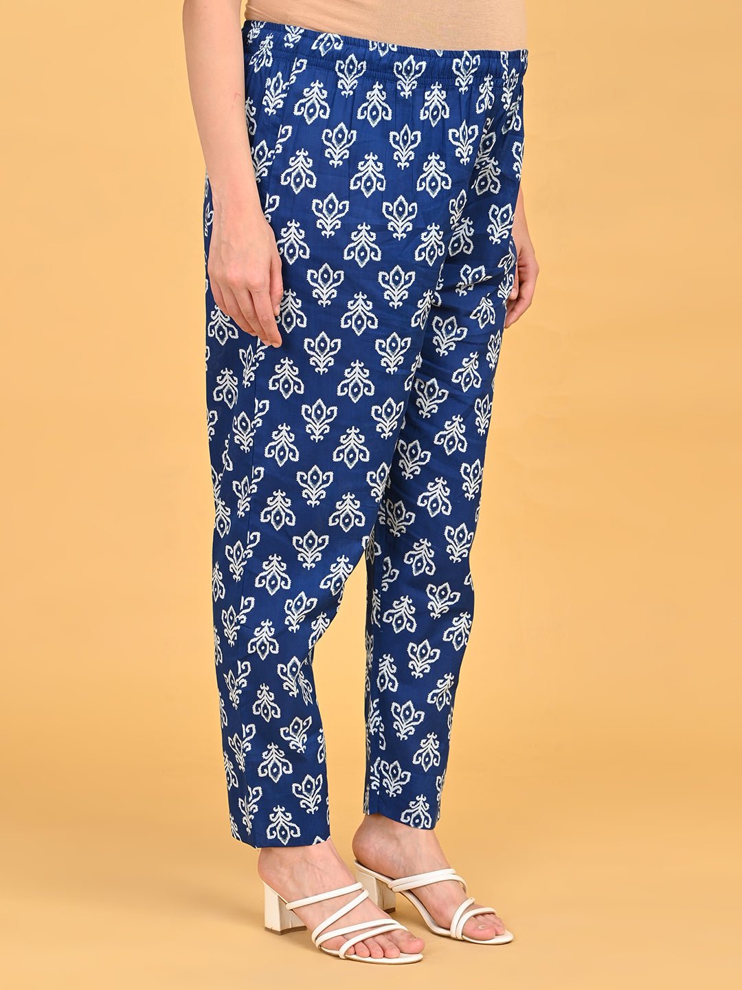 Side view of straight-fit printed pants from Indigo Mode Maternity and Nursing Kurta Set With Dupatta.